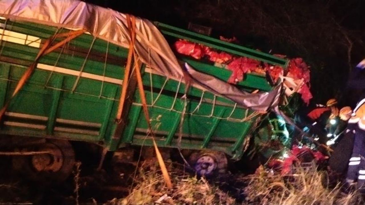 Sebze yüklü kamyon otoyola devrildi: Sürücüsü yaralandı
