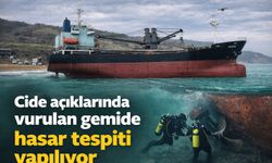 Cide açıklarında vurulan gemide hasar tespiti yapılıyor