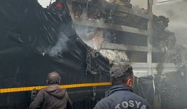 Tosya’da kargo yüklü kamyon alev aldı
