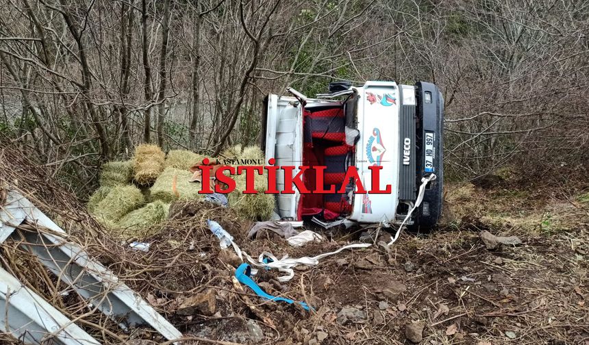 Cide’de saman yüklü kamyon devrildi: 2 yaralı