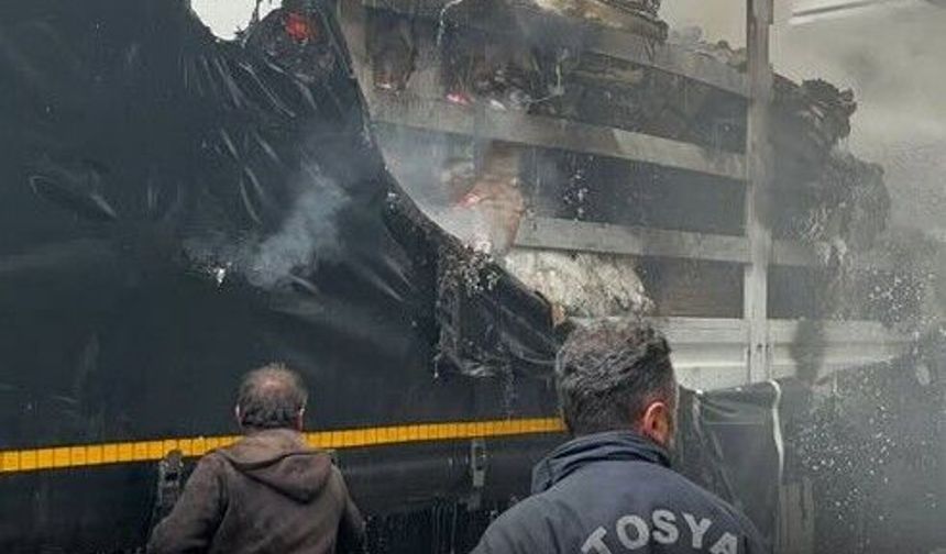 Tosya’da kargo yüklü kamyon alev aldı