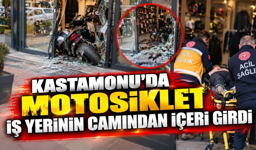 Kastamonu’da motosiklet iş yerinin camından içeri girdi