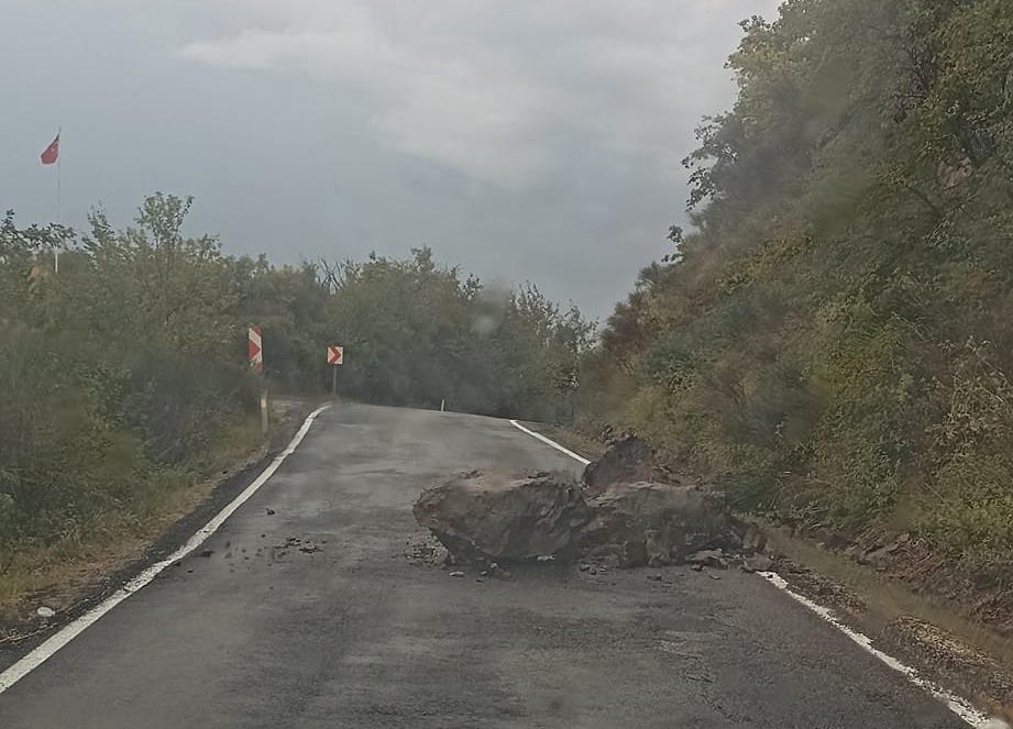 Cide'de Şiddetli Yağış, Kaya Parçalarını Yola Düşürdü (2)