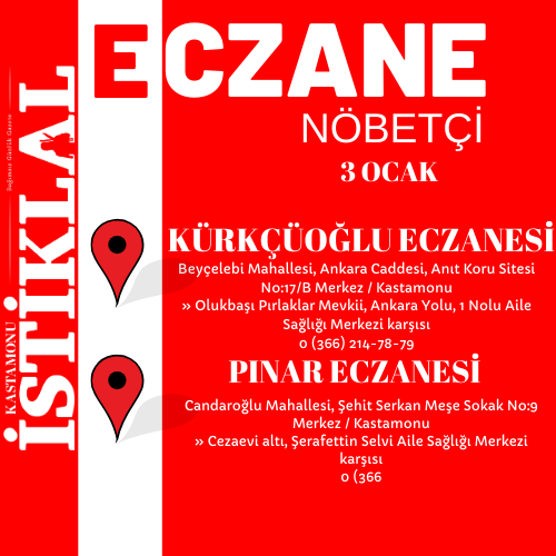 Kastamonu Nöbetçi Eczanaler Listesi 3 Ocak Cuma 2025
