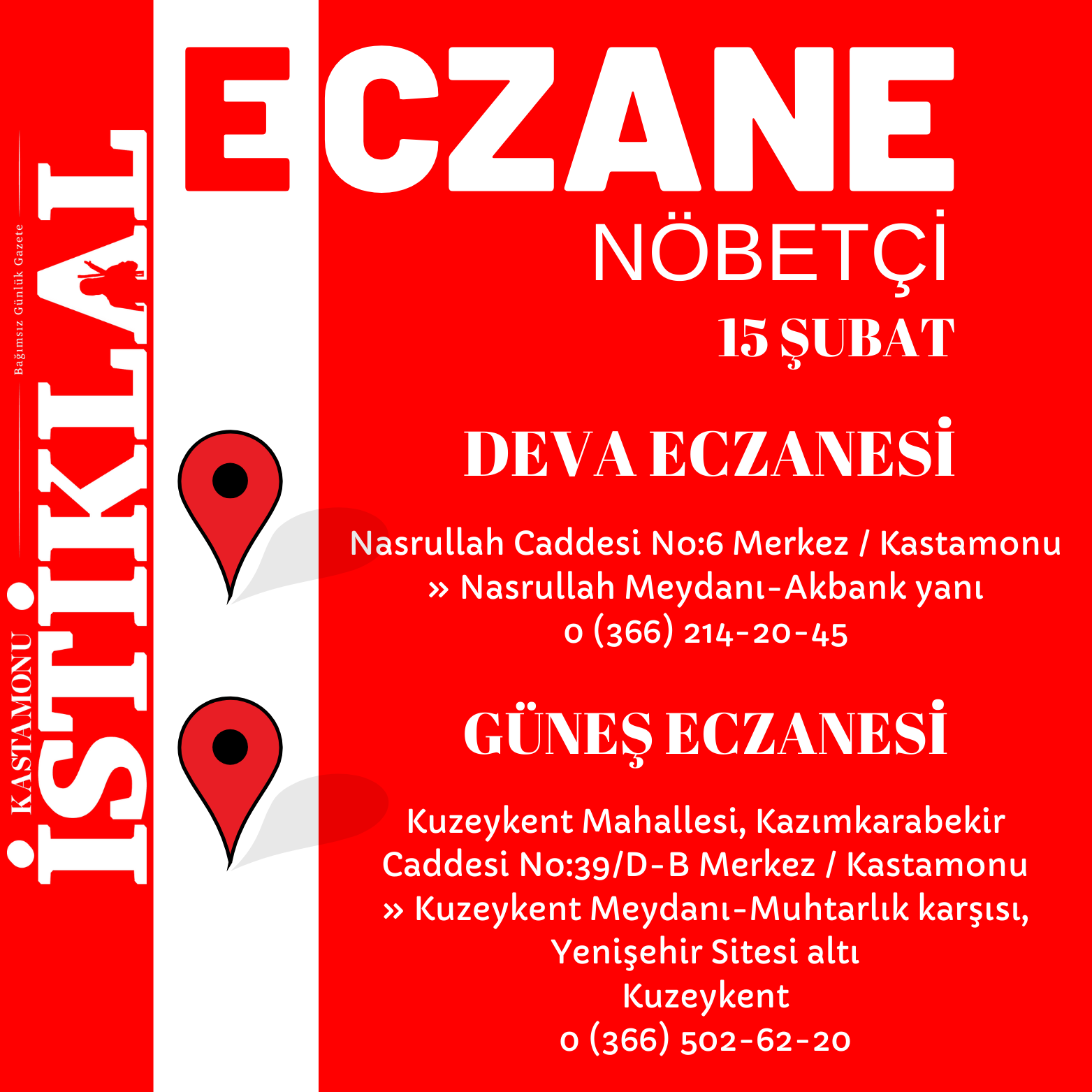 Kastamonu'da 15 Şubat 2025 Bugün Nöbetçi Eczane Hangileri