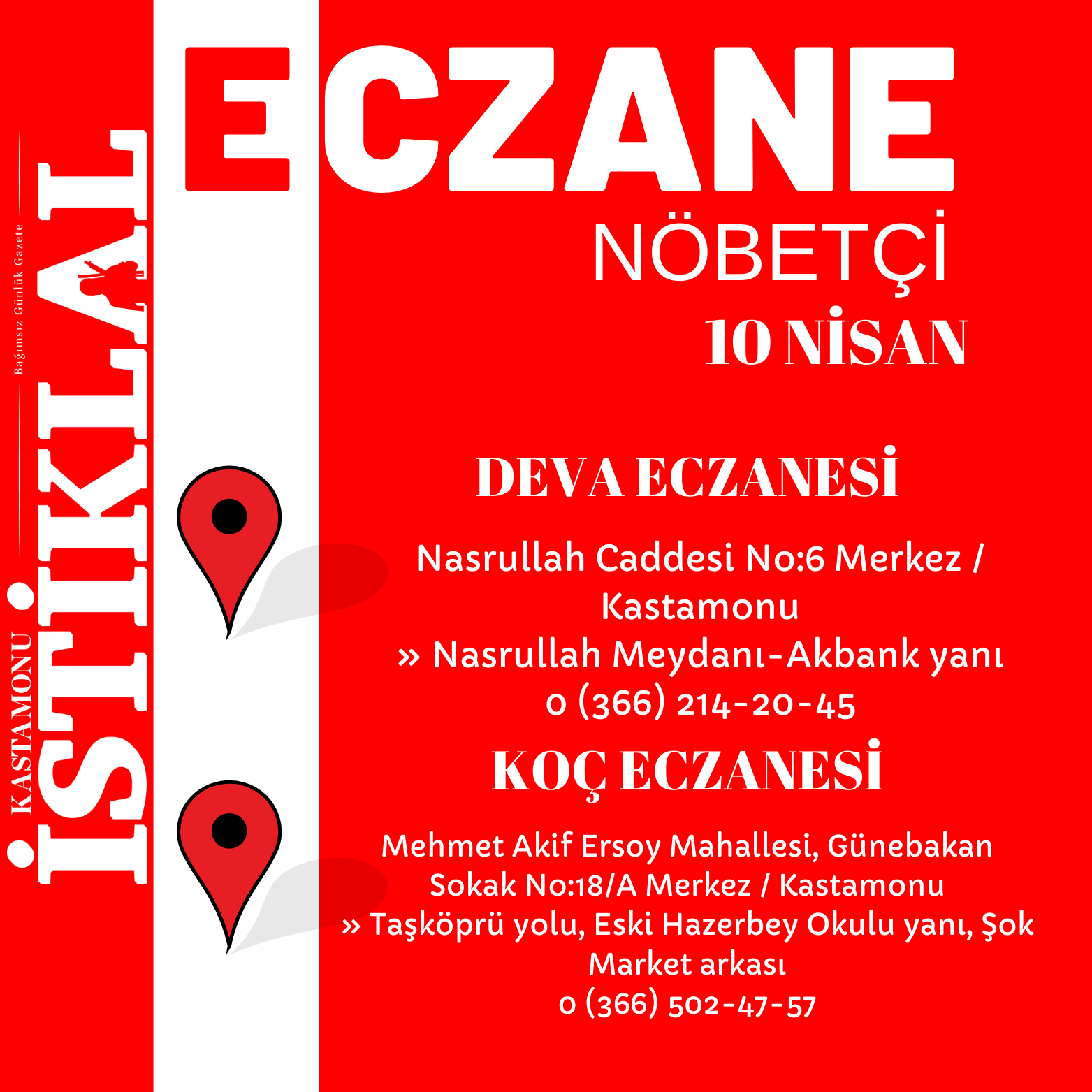Kastamonu'da 10 Nisan 2025 Bugün Nöbetçi Eczane Hangileri