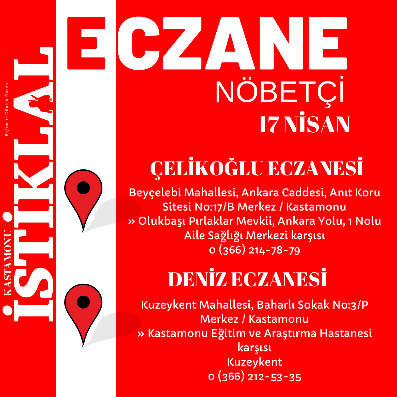 Kastamonu'da 17 Nisan 2025 Bugün Nöbetçi Eczane Hangileri