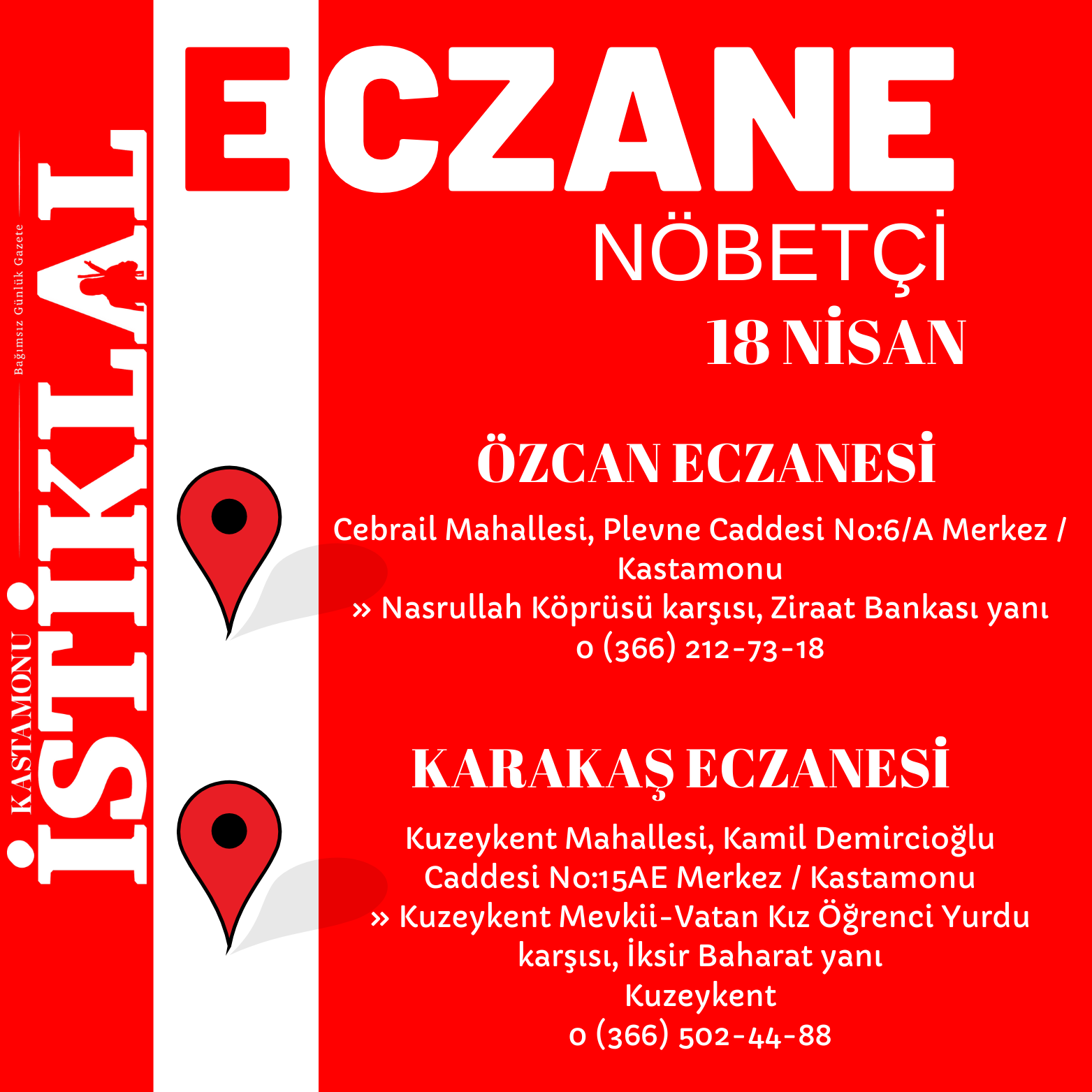 Kastamonu'da 18 Nisan 2025 Bugün Nöbetçi Eczane Hangileri
