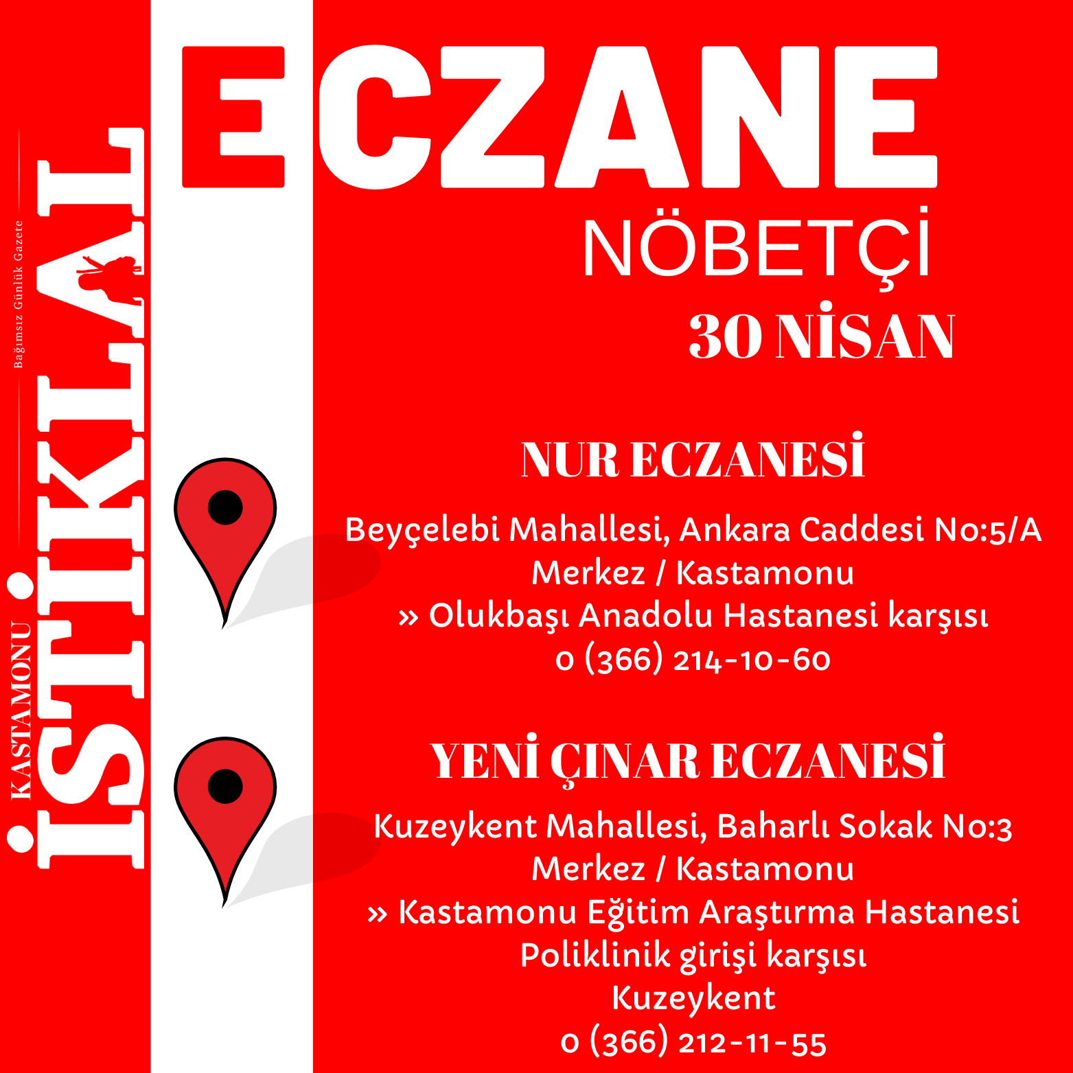 Kastamonu'da 30 Nisan 2025 Bugün Nöbetçi Eczane Hangileri