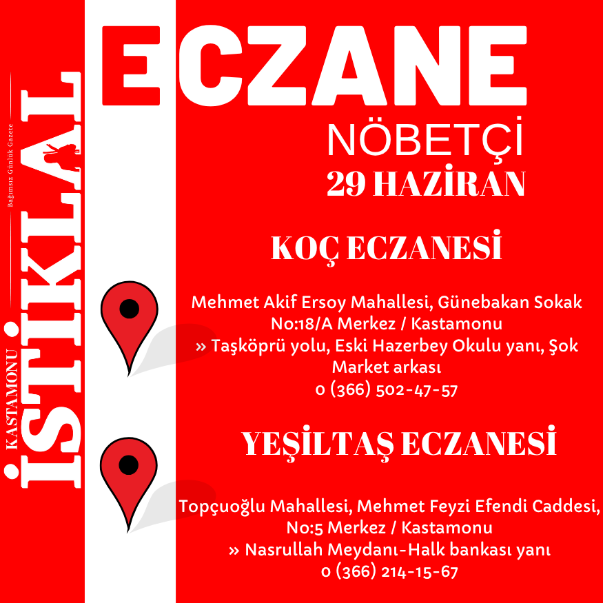 Kastamonu 29 Haziran 2025 Bugün Nöbetçi Eczane Hangileri