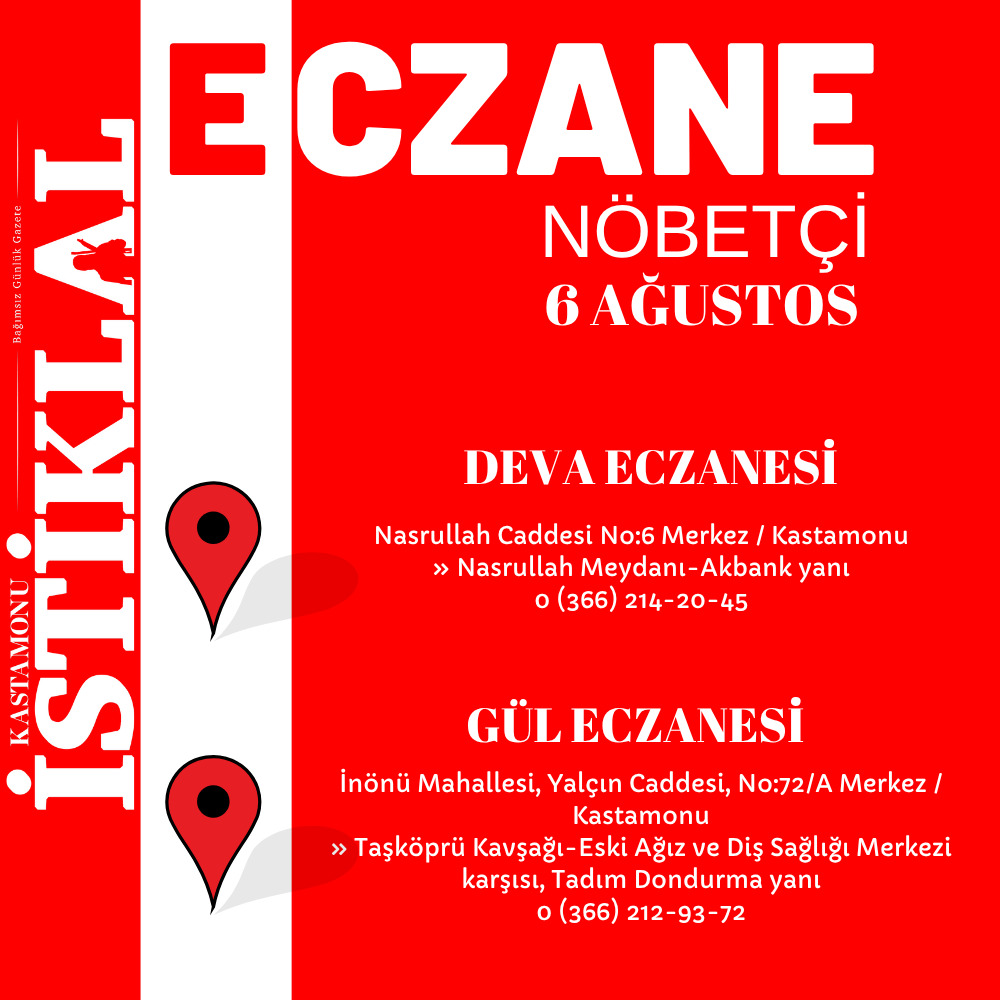 Kastamonu'da 6 Ağustos 2025 Bugün Nöbetçi Eczane Hangileri