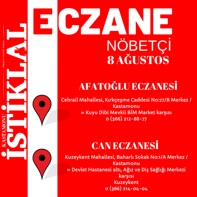 Kastamonu'da 8 Ağustos 2025 Bugün Nöbetçi Eczane Hangileri