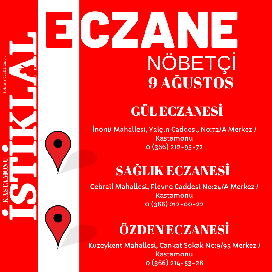 Kastamonu'da 9 Ağustos 2025 Bugün Nöbetçi Eczane Hangileri