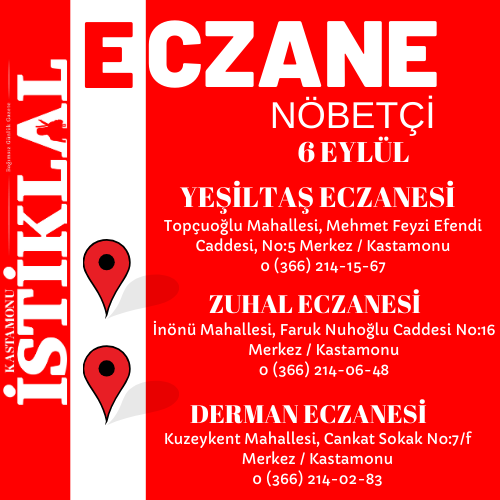 Kastamonu'da 6 Eylül 2025 Bugün Nöbetçi Eczane Hangileri