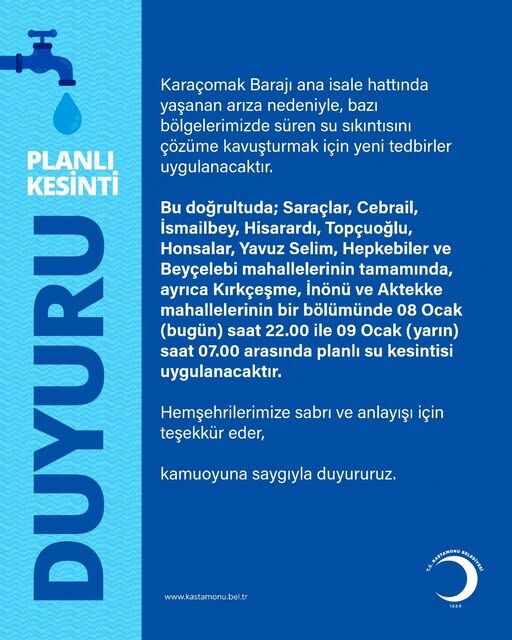 Kastamonu Belediyesi Su Kesintisi