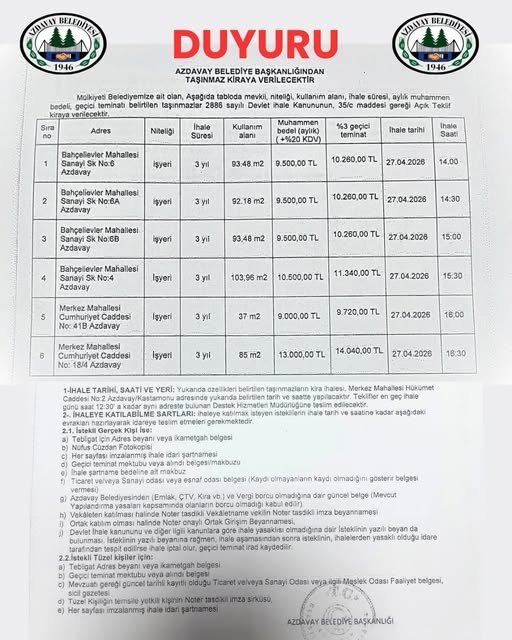 azdavay belediyesi ihaleye cıkıyor