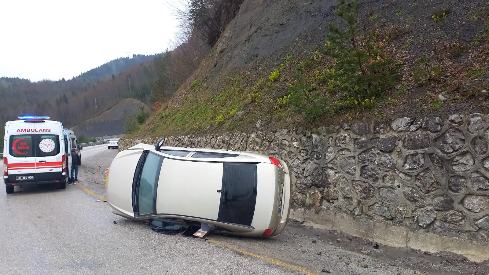 İstinat Duvarına Çarpan Otomobil Devrildi! 2 Kişi Yaralandı (1)