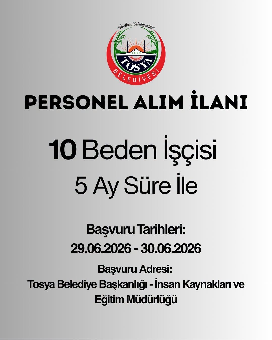 Tosbel'den 10 Geçici Işçi Alımı