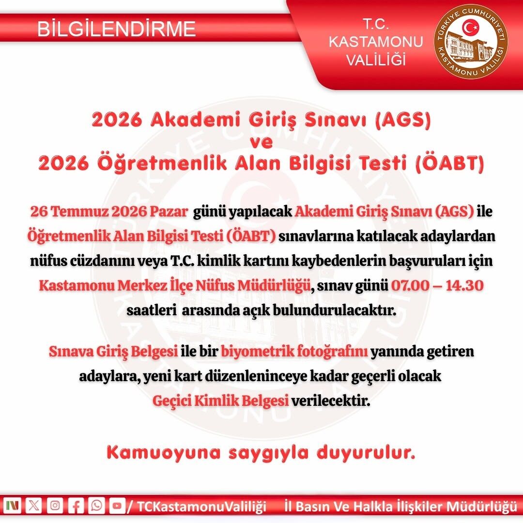 Kastamonu Valiliği'nden Sınava Gireceklere Önemli Duyuru
