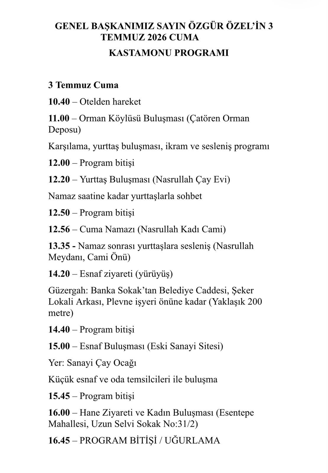 Özgür Özel’in Kastamonu Programı Belli Oldu