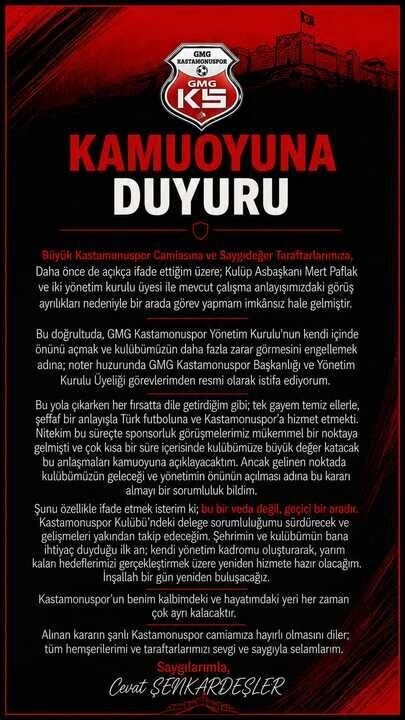 Gmg Kastamonuspor’da Yönetim Krizi Başkanlık Değişimiyle Sonuçlandı. Cevat Şenkardeşler Istifa Ederken, Mert Paflak Yeni Başkan Oldu.