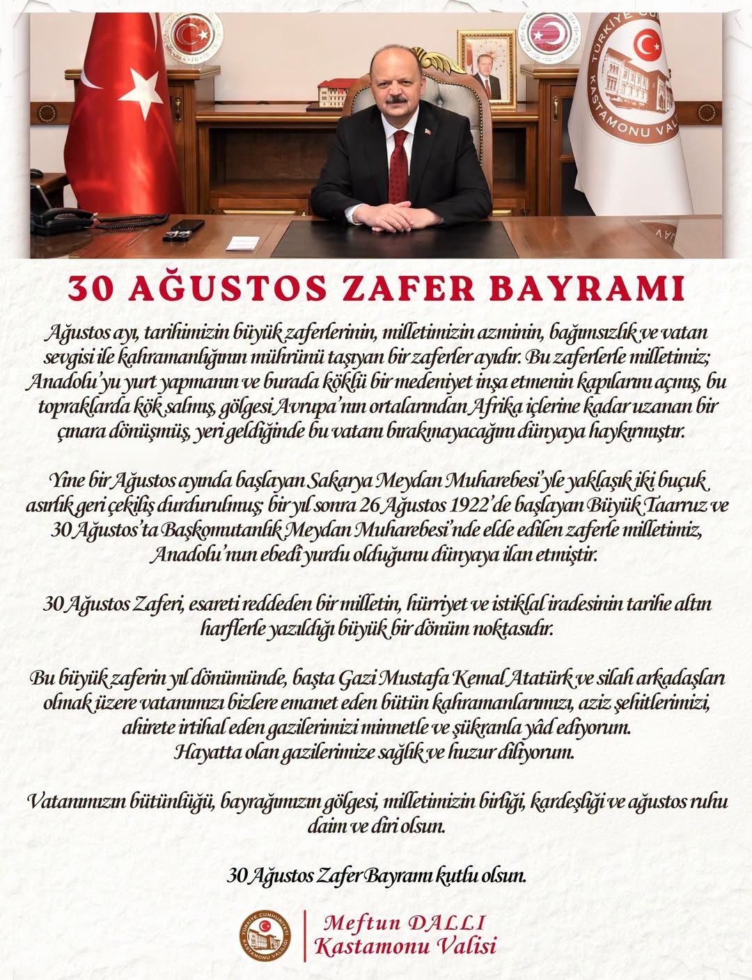 Vali Dallı’dan 30 Ağustos Mesajı