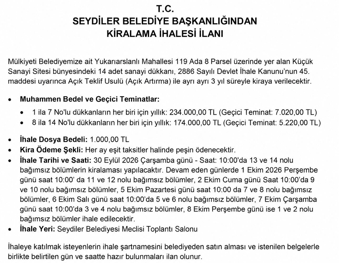 Seydiler Belediyesi 14 Iş Yerini Ihaleye Çıkarıyor