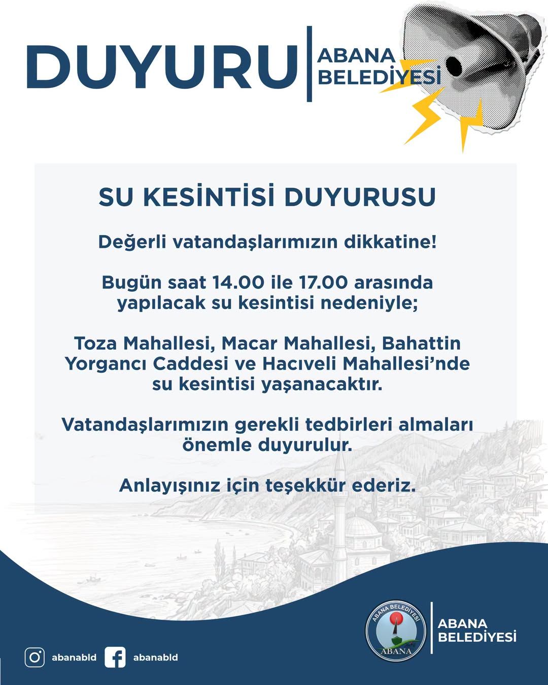 Belediyeden Vatandaşlara Su Kesintisi Uyarısı
