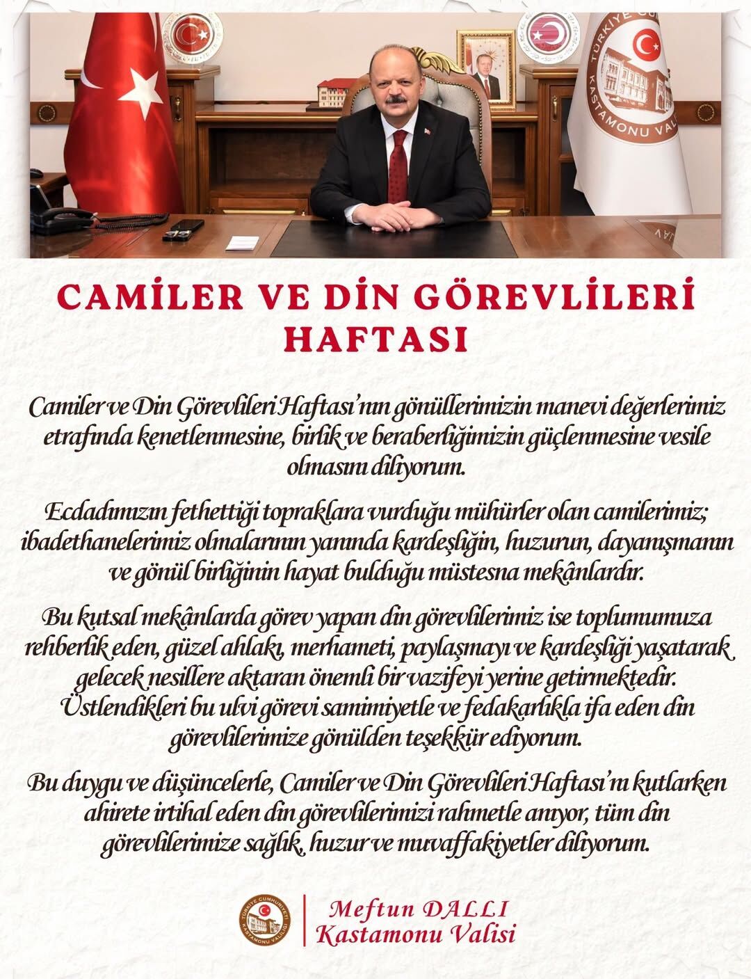 Vali Dallı’dan Camiler Ve Din Görevlileri Haftası’nda Önemli Mesajlar