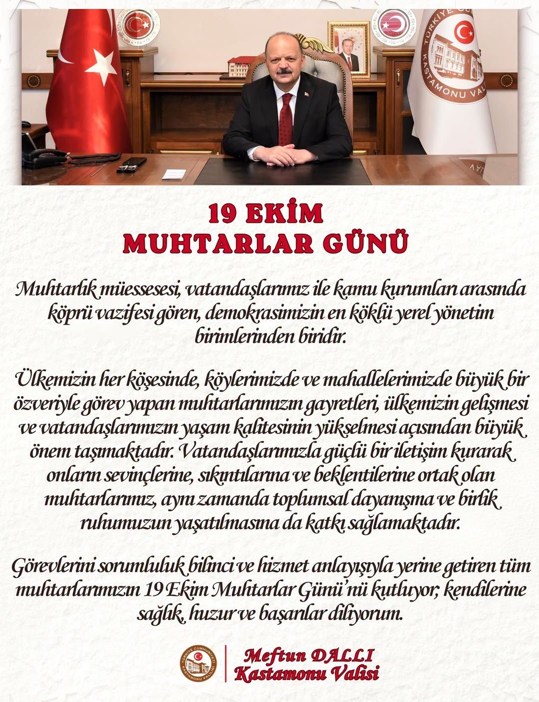 Vali Dallı’dan Muhtarlar Günü Mesajı